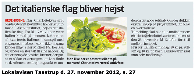 Foromtale af italiensk aften i Charlottekvarteret, Lokalavisen Taatrup 27. november 2012